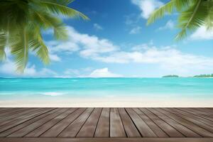 été tropical mer plage avec vagues, paume feuilles et bleu ciel avec des nuages. vacances paysage avec vide en bois table pour afficher de présentation produit, ai produire photo