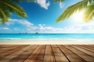 été tropical mer plage avec vagues, paume feuilles et bleu ciel avec des nuages. vacances paysage avec vide en bois table pour afficher de présentation produit, ai produire photo