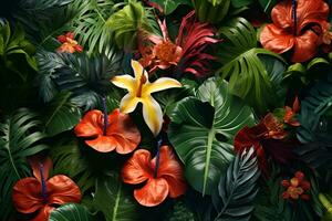 coloré fleurs dans le jardin, Haut vue tropical fleurs les plantes arrière-plan, ai produire photo