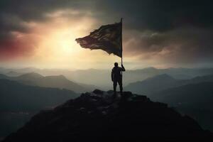silhouette de homme d'affaire avec drapeau sur Montagne Haut plus de ciel et Soleil lumière arrière-plan, ai produire photo