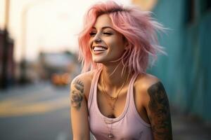 fille avec rose cheveux avec tatouages sur le rue, photo