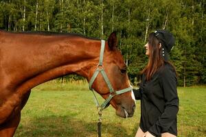 fille avec une cheval pour une marcher dans le Prairie suivant à le forêt photo