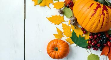 citrouilles et feuilles sur une blanc en bois tableau. génératif ai photo