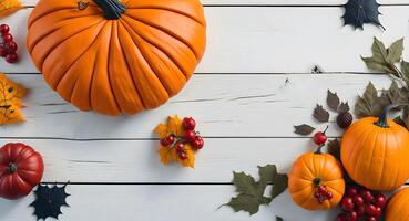 citrouilles et feuilles sur une blanc en bois tableau. génératif ai photo