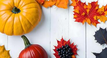 citrouilles et feuilles sur une blanc en bois tableau. génératif ai photo