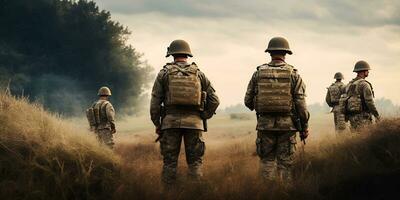 soldats dans le milieu de le champ de bataille, soldats sur le champ de bataille dans monde guerre ii. génératif ai photo