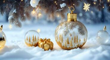 hivernal paysage de d'or et blanc Noël ornements. génératif ai photo