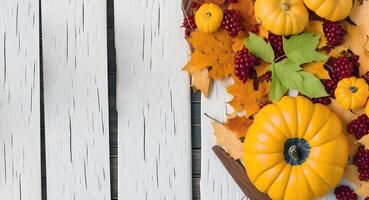 citrouilles et feuilles sur une blanc en bois tableau. génératif ai photo