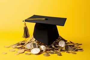 diplômé casquette avec pièces de monnaie. économie pour éducation, subvention concept photo