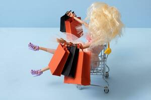 poupée dans supermarché panier avec achats sac. vente concept photo