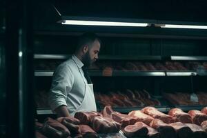 Boucher Viande étagères. produire ai photo