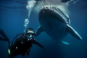 baleine plongeur selfie. produire ai photo