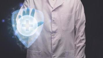médecin touchant l'illustration de l'écran virtuel moderne de la maladie de protection d'hologramme électronique photo