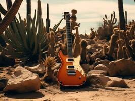 une guitare mensonge sur le sol suivant à une cactus génératif ai photo