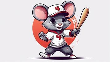 une mignonne Souris des sports mascotte plat illustration portant une base-ball uniforme et en jouant base-ball génératif ai photo