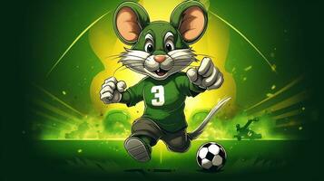 une mignonne Souris des sports mascotte plat illustration portant une football uniforme et en jouant football génératif ai photo