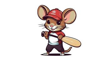 une mignonne Souris des sports mascotte plat illustration portant une base-ball uniforme et en jouant base-ball génératif ai photo