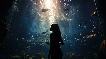 fille ayant amusement explorant aquatique la vie à le aquarium. silhouette concept photo