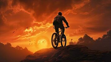 homme sur Montagne bicyclette le coucher du soleil silhouette photo