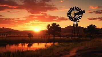 Moulin à vent silhouette dans le karoo à le coucher du soleil photo