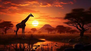 paisible africain le coucher du soleil avec girafes. silhouette concept photo