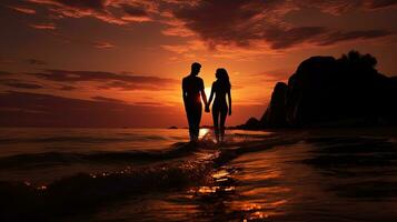 silhouette couple à mer pendant le coucher du soleil photo