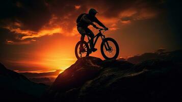 homme sur Montagne bicyclette le coucher du soleil silhouette photo