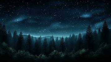 étoile rempli nuit forêt paysage avec pin des arbres et foncé ciel. silhouette concept photo
