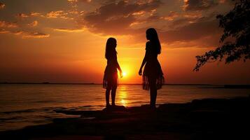 deux les filles silhouettes pendant le coucher du soleil photo