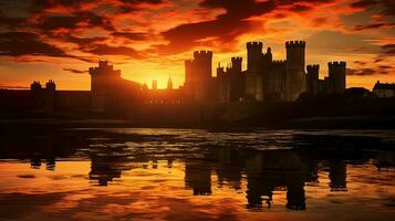 le coucher du soleil vue de caernarfon Château dans Nord Pays de Galles. silhouette concept photo