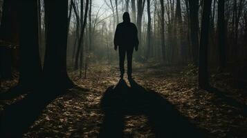 homme s ombre dans lumière du soleil au milieu de des arbres ou les bois. silhouette concept photo