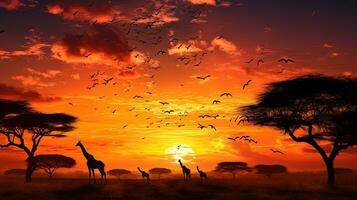 girafe et des oiseaux silhouettes contre serengeti parc le coucher du soleil photo