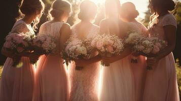 luxe mariage Blog avec demoiselles d'honneur dans rose et une magnifique bouquet représentant le concept de une été mariage. silhouette concept photo