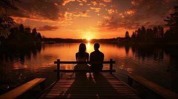 couple sur une Lac Dock en train de regarder le le coucher du soleil à leur mariage. silhouette concept photo