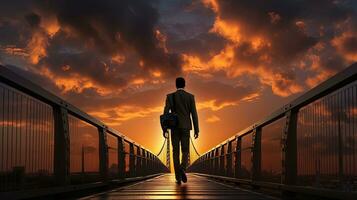 homme d'affaire en marchant sur pont à le coucher du soleil. silhouette concept photo