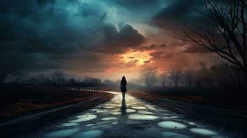 solitaire femme dans Naturel alentours sur une nuageux journée avec une route. silhouette concept photo