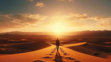 solitaire la personne dans Sahara désert admire Stupéfiant vue de dunes à lever du soleil ou le coucher du soleil. silhouette concept photo
