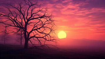 une vibrant rose le coucher du soleil jette forêt arbre branches comme silhouettes dans une étourdissant afficher de contrastant tons photo