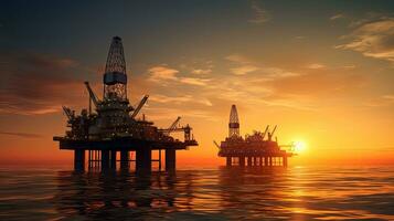 pétrole forage plates-formes navire et soir ciel plus de le mer situé dans Huntington plage Californie. silhouette concept photo