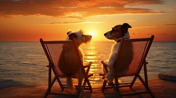 deux jack Russell chiens observer le grand Soleil comme il ensembles. silhouette concept photo