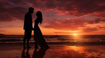 couple sur plage à le coucher du soleil. silhouette concept photo