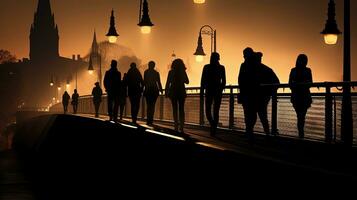 piétons sur Fribourg pont jeter ombres. silhouette concept photo