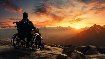 fauteuil roulant utilisateur profiter le coucher du soleil sur scénique Montagne. silhouette concept photo