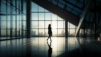 silhouette Jeune femme en marchant dans Bureau bâtiment photo