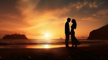 plage couple à lever du soleil. silhouette concept photo