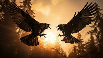 corbeaux se battre dans le ciel. silhouette concept photo