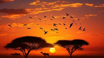 girafe et des oiseaux silhouettes contre serengeti parc le coucher du soleil photo