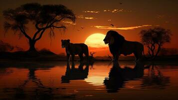 les Lions silhouette réfléchi dans l'eau pendant africain safari photo