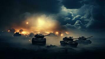 brumeux ciel bataille scène avec allemand réservoirs et blindé Véhicules. silhouette concept photo
