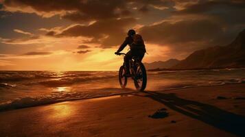 silhouette de motard sur plage pendant le coucher du soleil photo